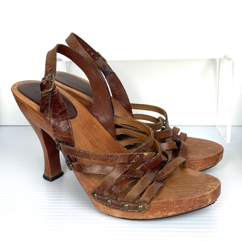 RARE Vintage 90s MIA WOODEN 4.25” Heel Leather Slingback Sandals Brown Size 8